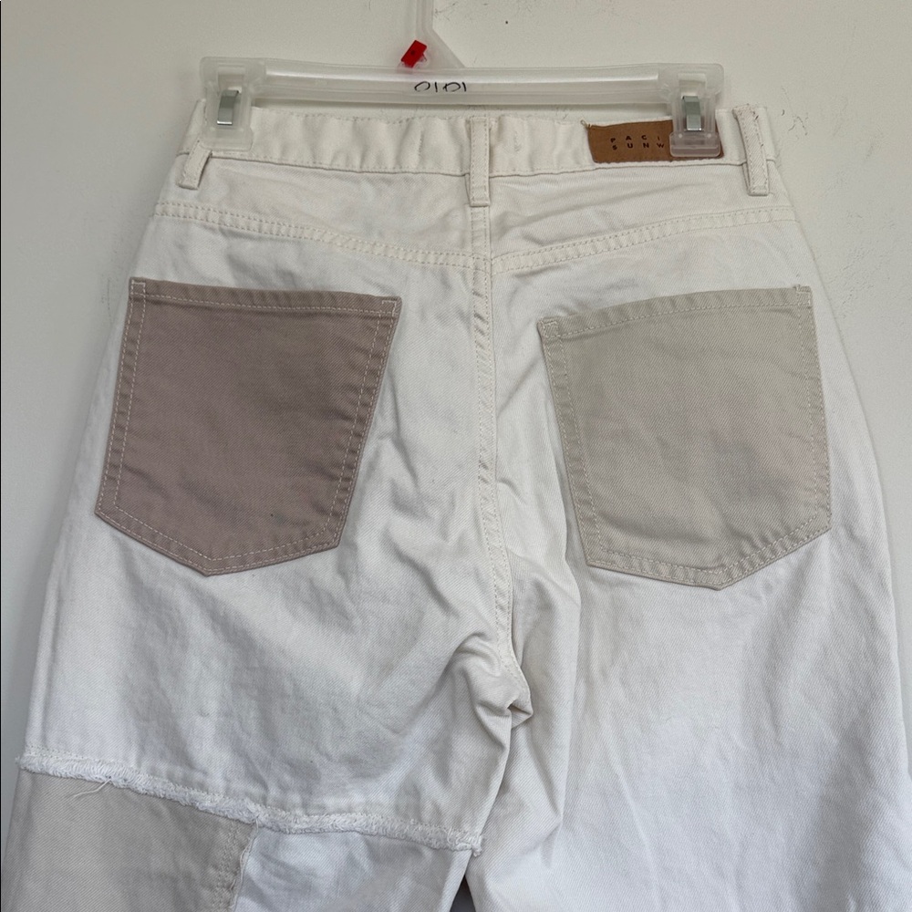 PacSun Women's Patchwork Straight Leg Jeans - Cream and Brown - Picture 7 of 11